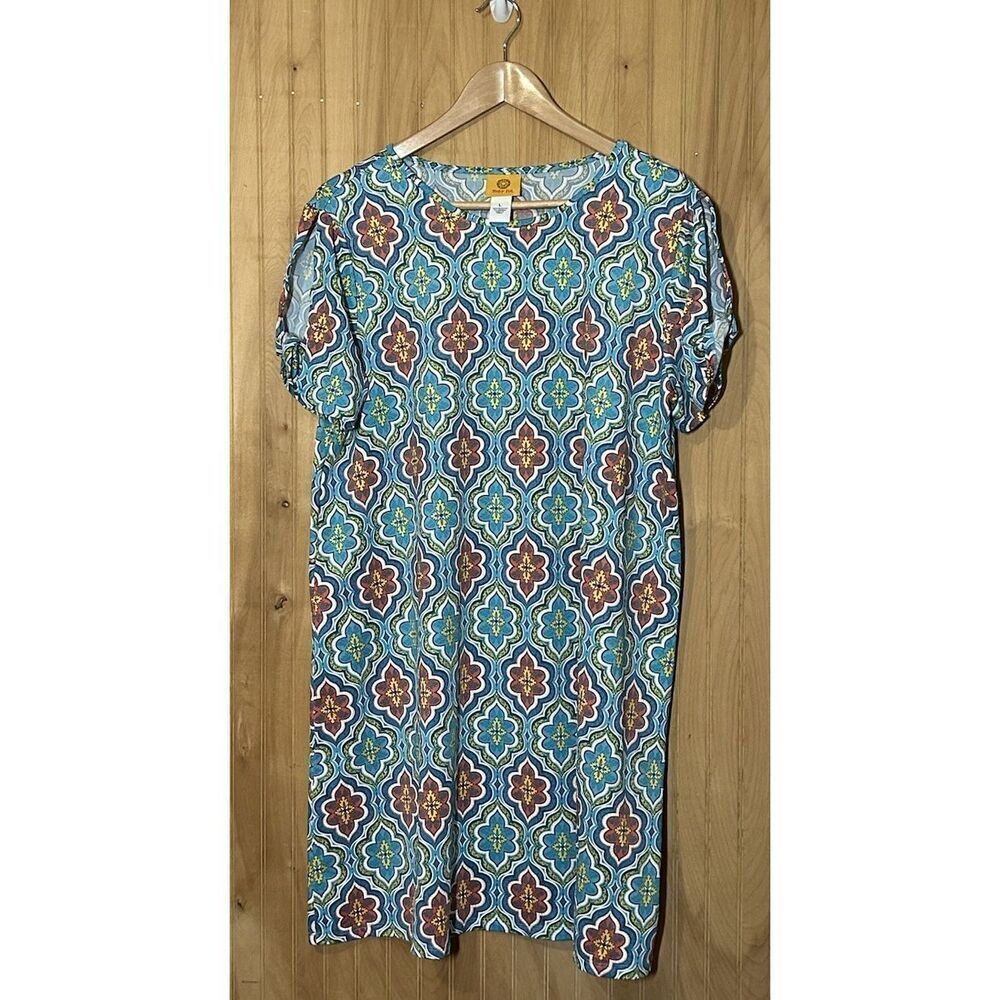 Ruby Rd Women’s Large Dress Orange Blue White Short Sleeve Pullover